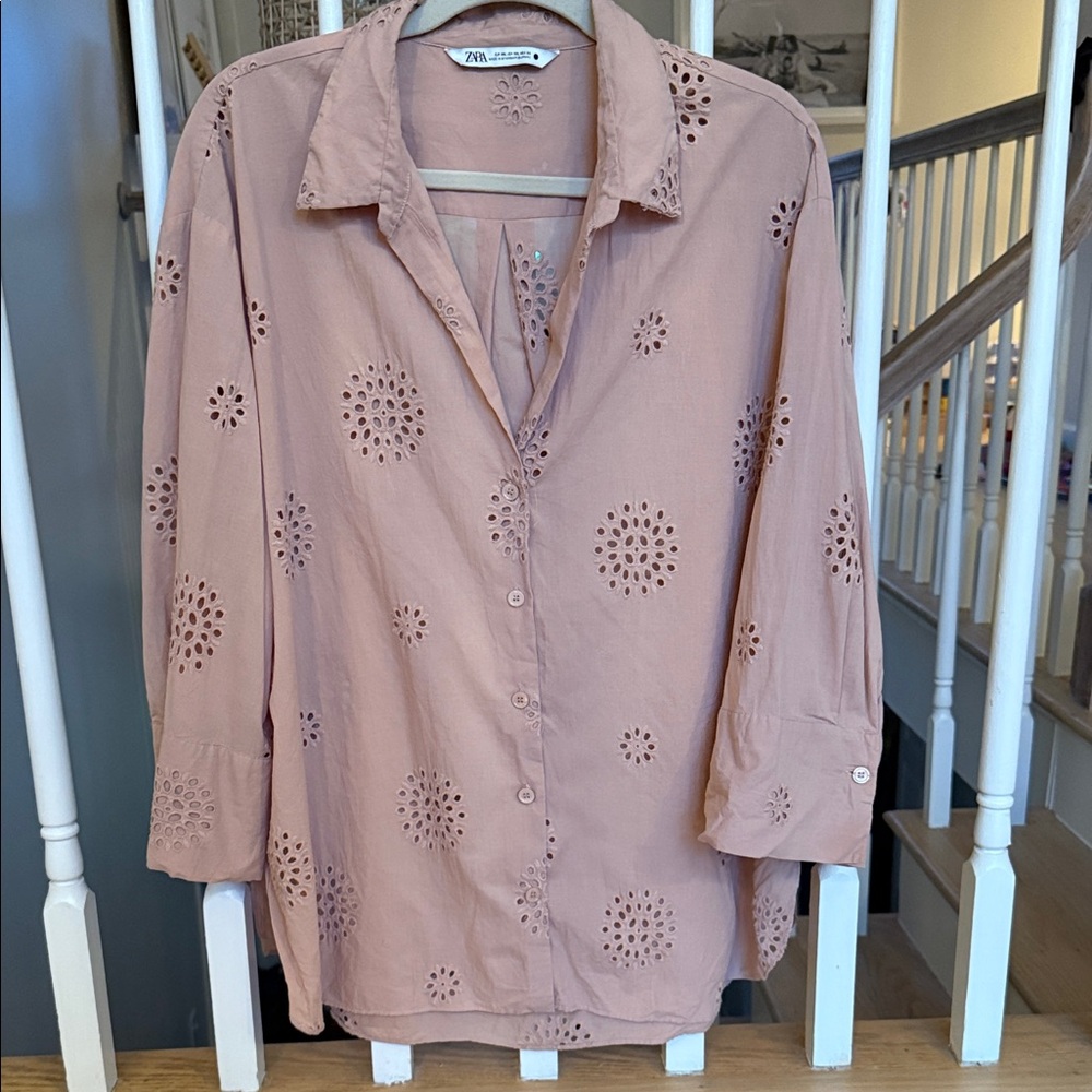 ZARA Eyelet Embroidered Button-Down Blouse – Terracotta Pink, Size XXL